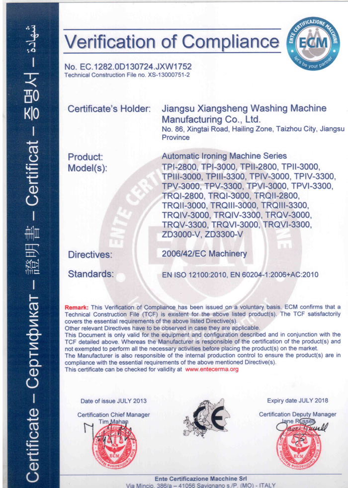 Ironing machine CE certification